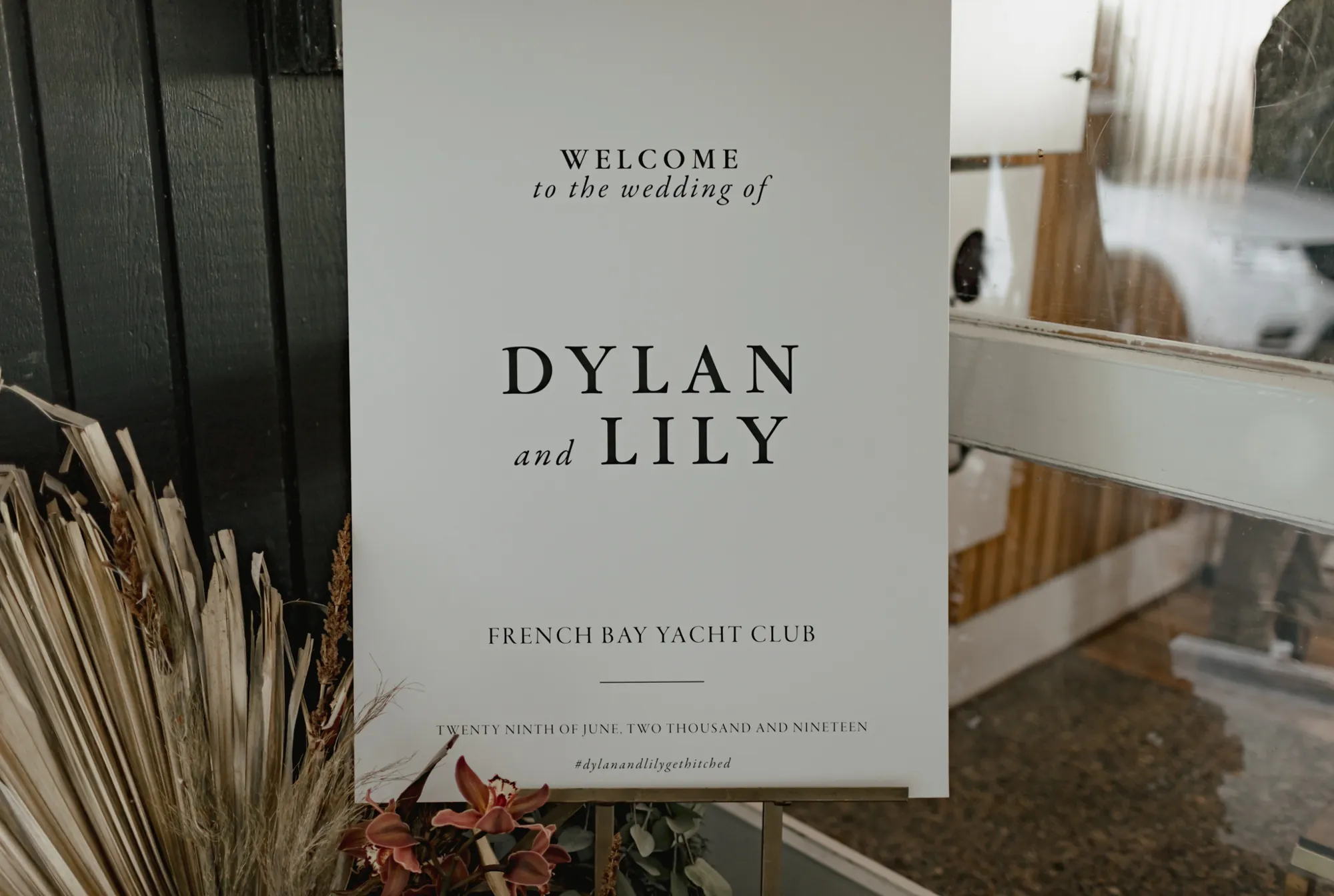 Welcome sign for Dylan and Lily's wedding at French Bay Yacht Club on 29 June 2019