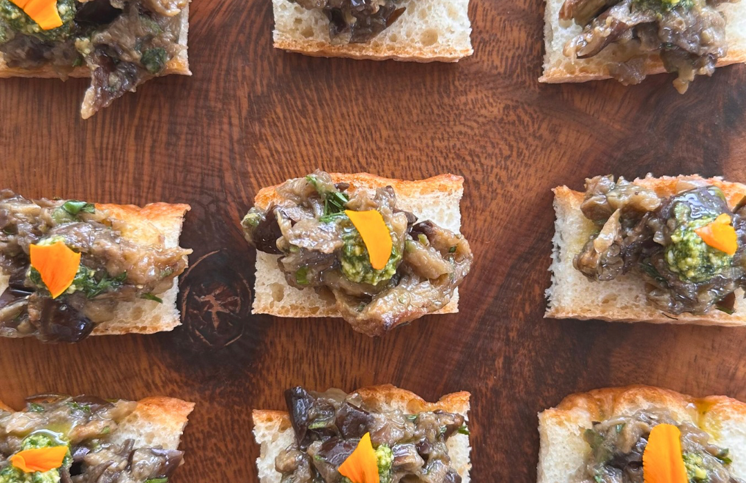 vegan gluten free focaccia with eggplants, homemade basil pesto for wedding in Omaha